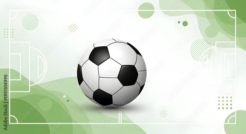 Naklejka premium Soccer ball centered on a stylized background with abstract green shapes and white lines representing a football pitch