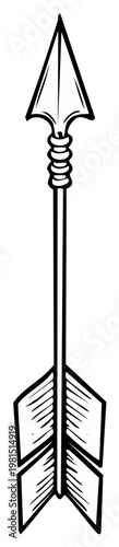Monochrome sketch of archery arrow pointing up with fletching and arrowhead, vector design.