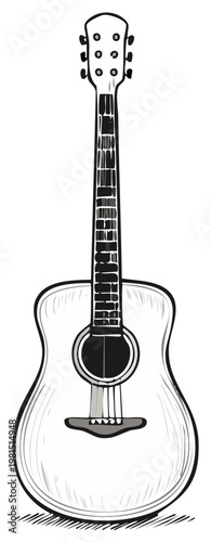 Acoustic guitar illustration, musical instrument, drawn art, front view, isolated.