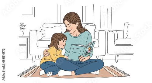 Mother and daughter reading a book together on the floor.