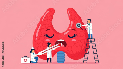 World Thyroid Day Medical professionals conducting a thorough examination of a large, ailing thyroid gland, symbolizing endocrine health awareness, diagnosis, and treatment for wellness