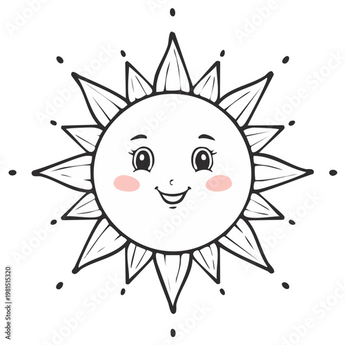 Cute cartoon sun with a happy face and blushing cheeks radiates warm light and positive energy