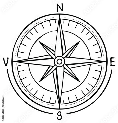 Doodle Style Compass Rose Illustration with North East South and West Indicators
