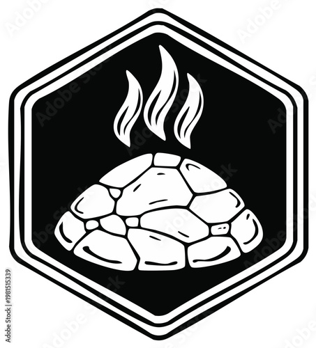 Abstract representation of a steaming pile of rocks within a hexagonal frame design element