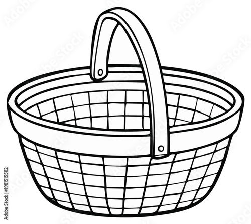 Simple Hand Drawn Outline of a Wicker Picnic Basket with Handle