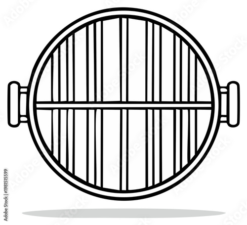 Round grill top view illustration, black outline for barbecue cooking equipment, grill, grids, and outdoor cuisine concepts