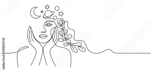 Abstract continuous line drawing of a womans face with celestial elements and botanical accents in her hair