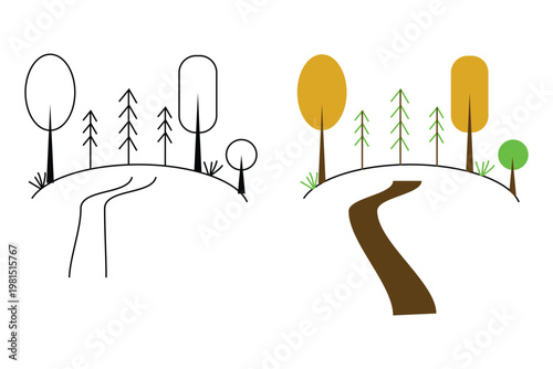 A black and white drawing of a forest next to a colored version