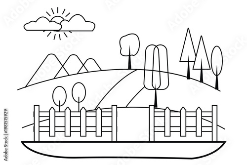 A black and white drawing of a fenced in area