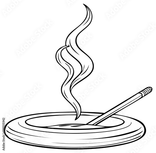 Aromatic incense stick burning in a holder with wisps of smoke rising up in a line drawing