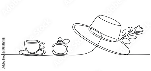 A continuous line drawing depicts a coffee cup with saucer perfume bottle and a stylish hat adorned with flowers isolated on transparent background