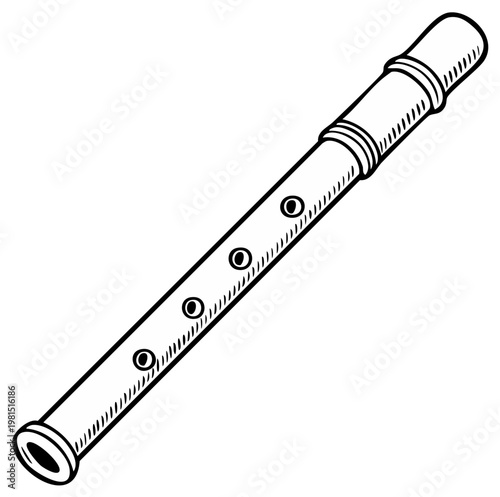 Ink drawing of a recorder musical instrument, angled with woodgrain texture.