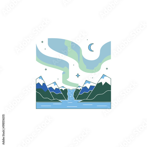 Northern Lights Over Snowy Mountains and Waterfall.