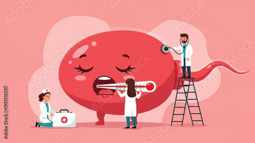 Animated medical professionals diligently treating a distressed sperm cell, symbolizing male reproductive health concerns, fertility challenges, and dedicated healthcare efforts