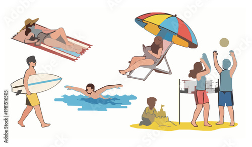 Summer beach people posing activities flat vector character collection