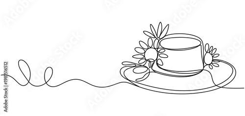Elegant continuous line art drawing of a widebrimmed hat adorned with flowers next to a teacup