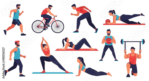 Diverse group of people engaged in various fitness activities and exercises.