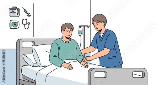 Nurse attending to a male patient in a hospital bed.