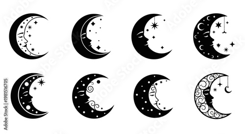 Celestial Moon Faces Collection: Mystical Crescent Icons with Stars and Swirls