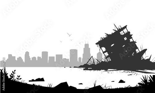 Silhouette of a sunken shipwreck with destroyed city skyline in the background depicting disaster, apocalypse, and urban destruction scene