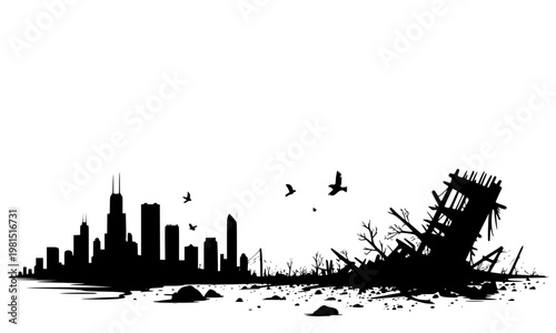  Silhouette of a destroyed city skyline with sunken shipwreck and flying birds on white background depicting post-apocalyptic urban disaster and devastation