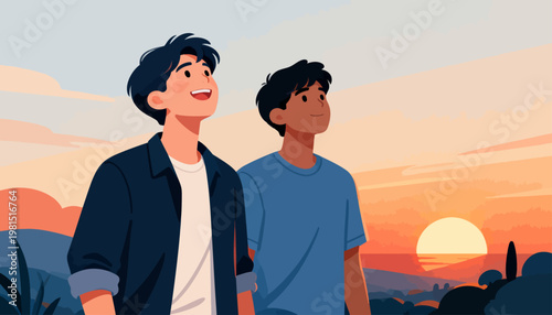 Two friends stand together, gazing at the sunset. They smile softly, sharing a quiet moment. The sky glows warm in oranges and soft pinks. Mountains fade gently behind them, peaceful and serene