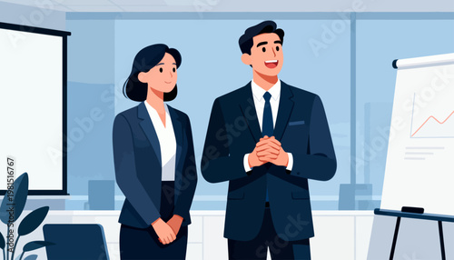 Two professionals stand in a modern office setting. Their body language conveys confidence and engagement. The man gestures, suggesting active communication. The woman listens attentively