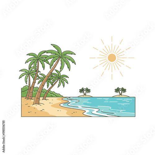 Tropical Beach Paradise with Palm Trees and Ocean Waves.