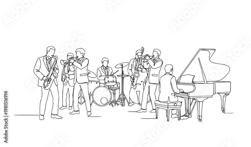 Minimal jazz musicians line art band performance continuous line vector illustration design
