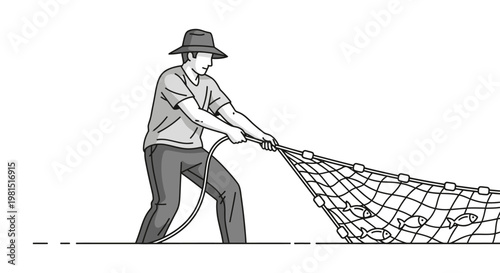 Fisherman Pulling Net Full of Fish from Water