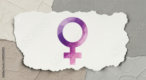 Purple watercolor venus symbol on torn paper collage with textured background of canvas and cracked plaster
