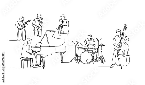 Jazz band continuous line drawing musicians on stage minimalist one line vector illustration