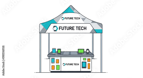 Future Tech Exhibition Booth with Gadgets and Digital Displays