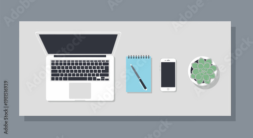 Overhead view of a modern workspace with laptop and essentials.