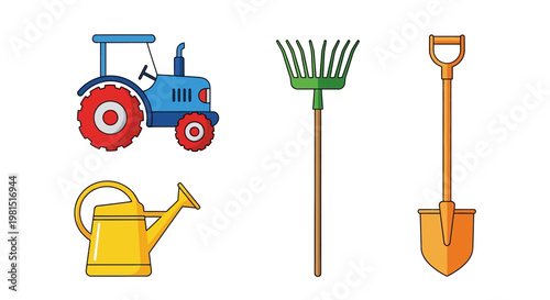 Fotografi Farm Equipment Collection: Tractor, Watering Can, Rake, and Shovel - Vector Icon