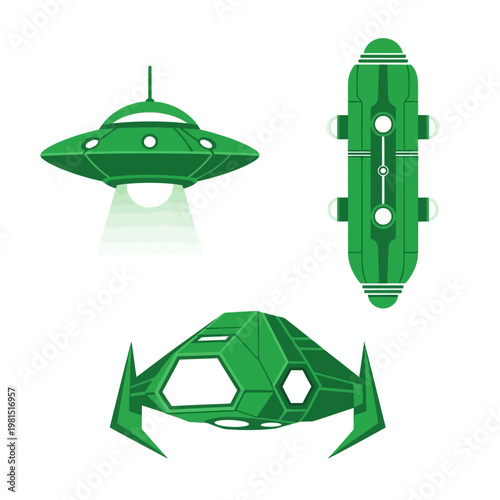 Green alien spaceships and UFOs, futuristic flying saucers, sci-fi vector illustration
