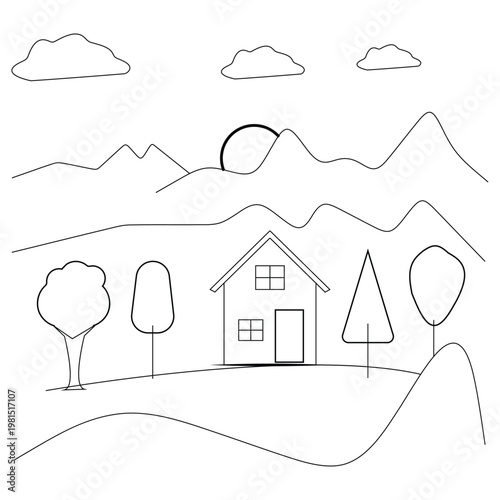 A simple house in a valley with mountains