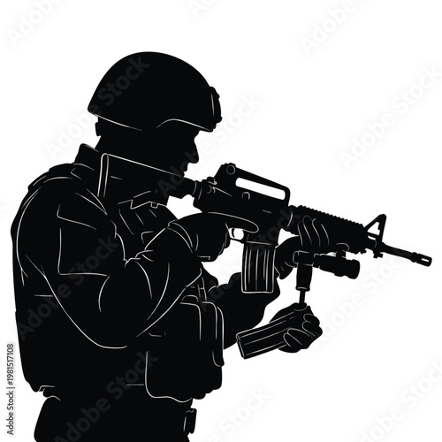 Silhouette of a Soldier with Gun in Combat Gear for Military and Security Themes