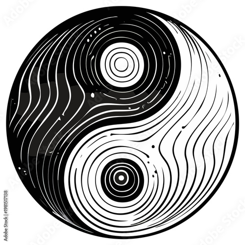 Stylized Yin Yang symbol with flowing lines and circular patterns representing balance and harmony
