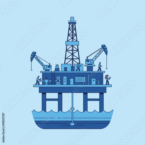 Offshore oil rig platform with workers and cranes.