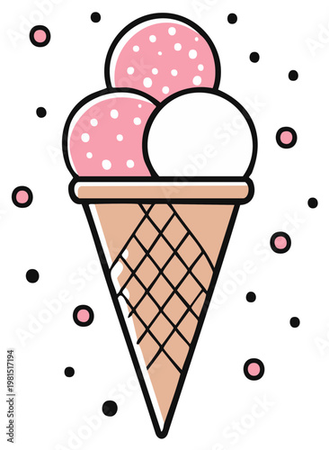 Cartoon ice cream cone with three scoops of different flavors and falling sprinkles