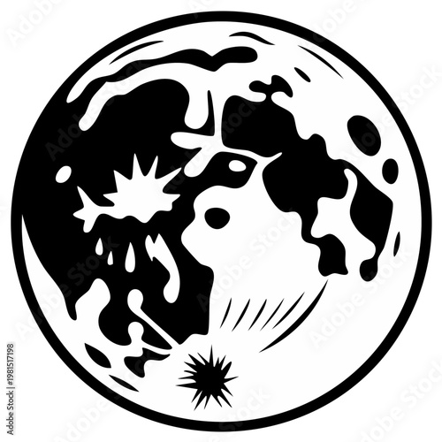 Detailed moon phases art on a black and white circular illustration shows craters and surface details