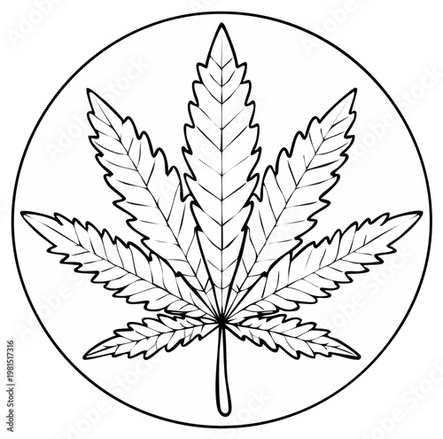 Simple Line Art Illustration of a Cannabis Leaf Inside a Circle