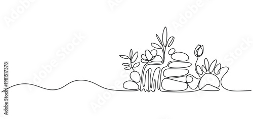 Minimalist continuous line drawing of stacked stones plants and a flower on a wavy line