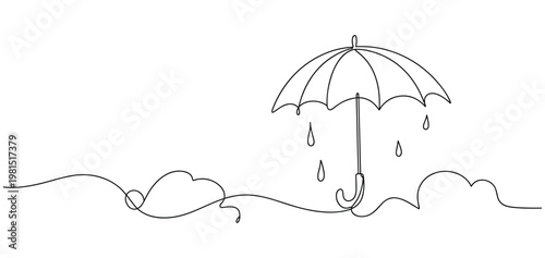 Minimalist continuous line drawing of an umbrella protecting from falling raindrops in a wavy landscape representing clouds or terrain