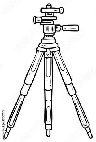 Hand-drawn illustration of a professional camera tripod with adjustable legs and a mounting head