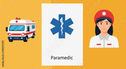 Paramedic with Ambulance and Star of Life Symbol.