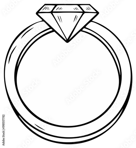 Hand drawn diamond engagement ring with clear outline on white background for design