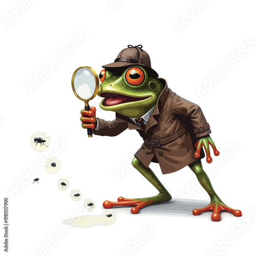 Detective Frog in Trench Coat with Magnifying Glass Investigating Mosquitoes