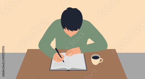 Person writing in a notebook with a cup of coffee on a wooden desk.